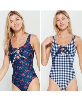 Juicy Couture Cherry Gingham Print One Piece Bathing Suit Reversible Blue XL